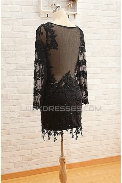 Short V-Neck Long Sleeve Black Applique Prom Evening Formal Dresses ED011575