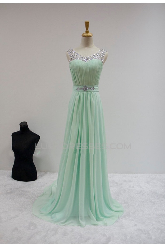 A-Line Beaded Mint Green Long Chiffon Prom Evening Formal Dresses ED011596
