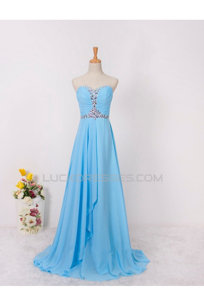 A-Line Sweetheart Beaded Long Blue Chiffon Prom Evening Formal Dresses ED011599