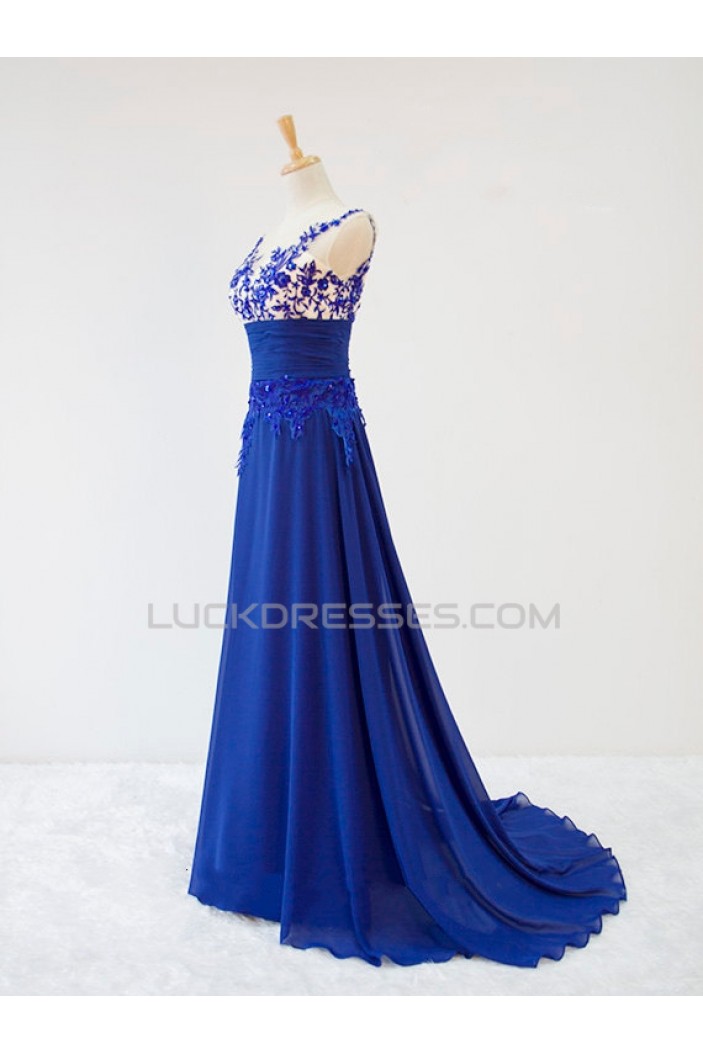 A-Line Long Blue Applique and Chiffon Prom Evening Formal Dresses ED011600