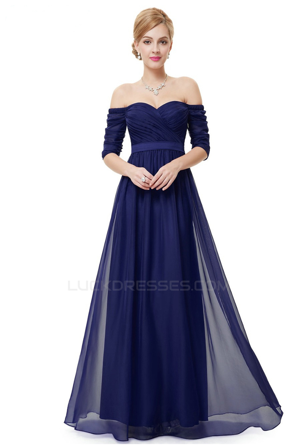 A-Line Off-the-Shoulder Half Sleeve Long Chiffon Prom Evening Formal ...