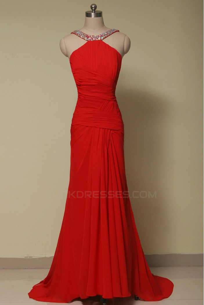 Elegant Beaded Long Red Chiffon Prom Evening Formal Dresses ED011644