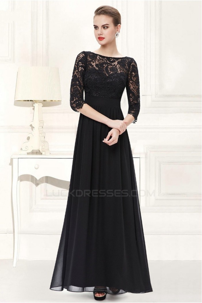 A-Line Half Sleeve Long Black Lace and Chiffon Prom Evening Formal Dresses ED011645