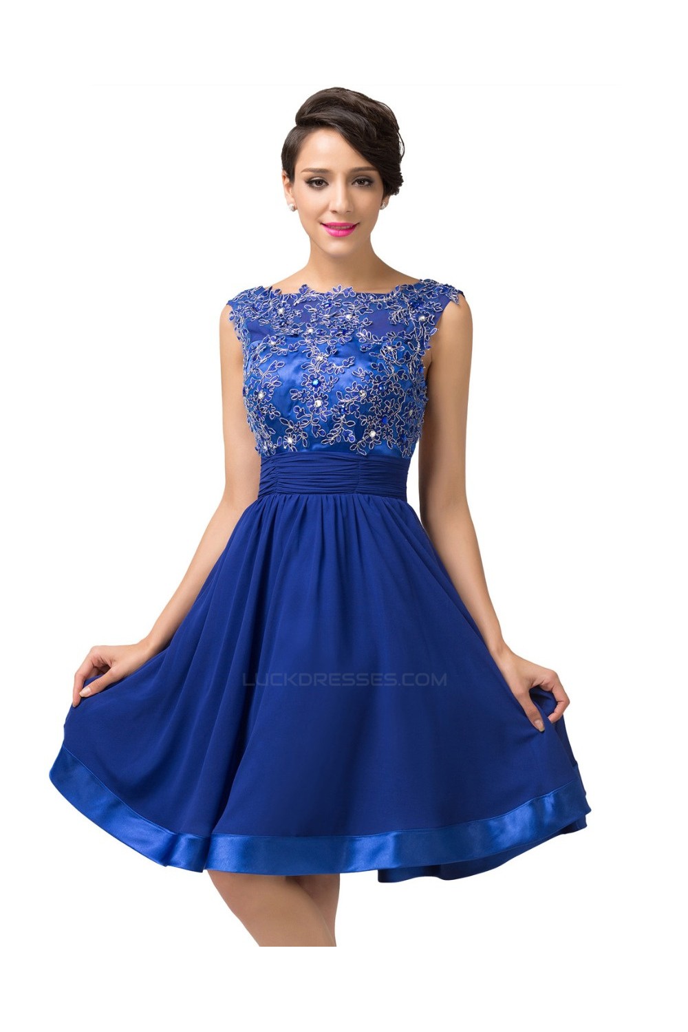 A-Line Bateau Beaded Applique Short Blue Prom Evening Formal Dresses ...