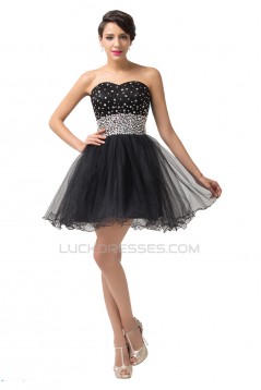 A-Line Sweetheart Beaded Short Tulle Black Prom Evening Cocktail Dresses ED011666