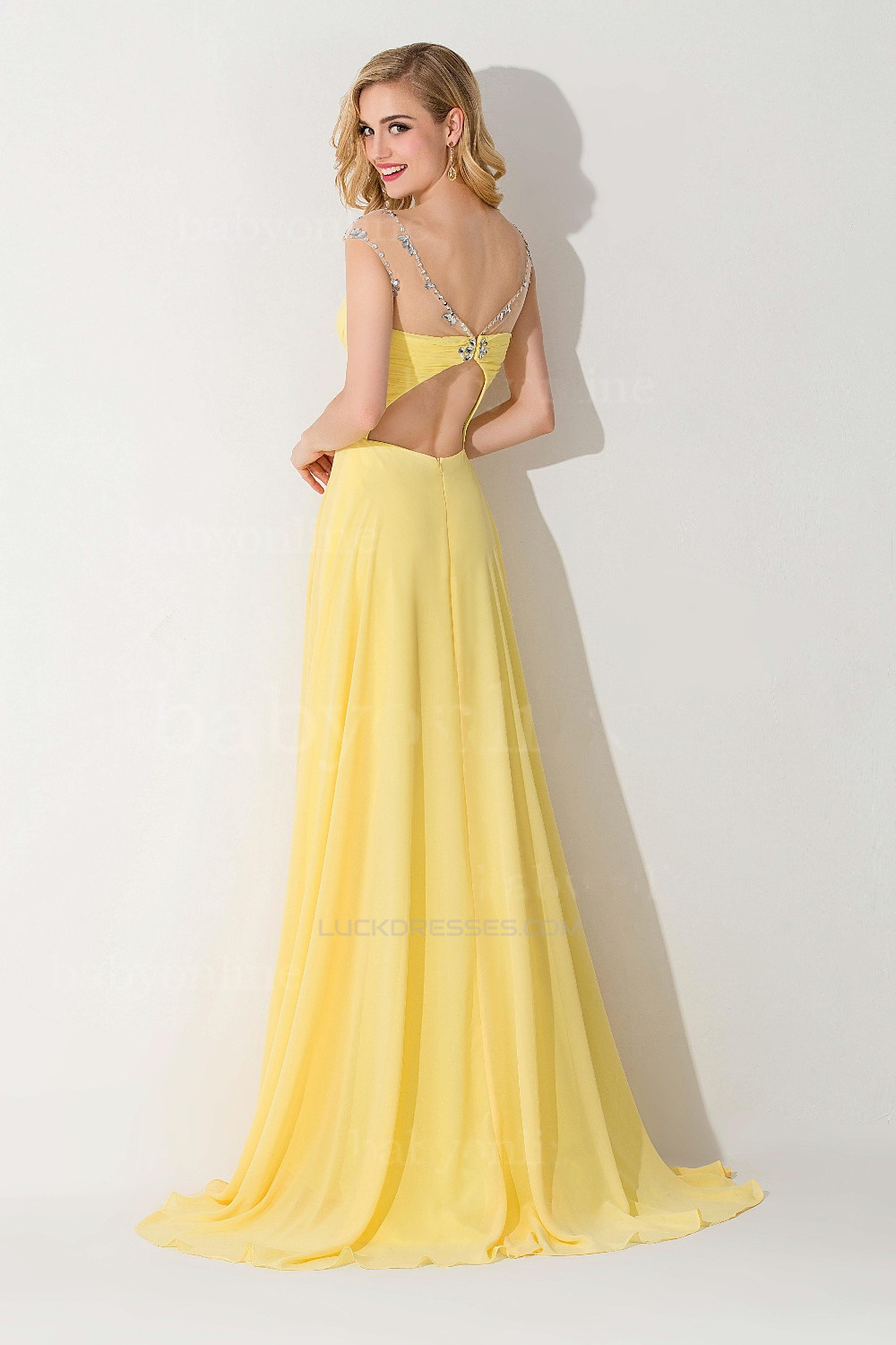 A-Line Bateau Long Yellow Chiffon Prom Evening Formal Dresses ED011667