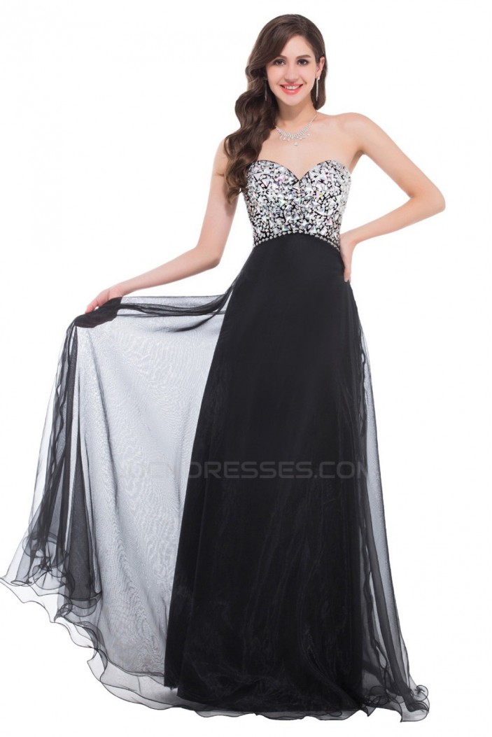 A-Line Sweetheart Beaded Long Black Prom Evening Formal Dresses ED011672