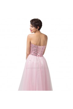 A-Line Sweetheart Beaded Long Pink Tulle Prom Evening Formal Dresses ED011676
