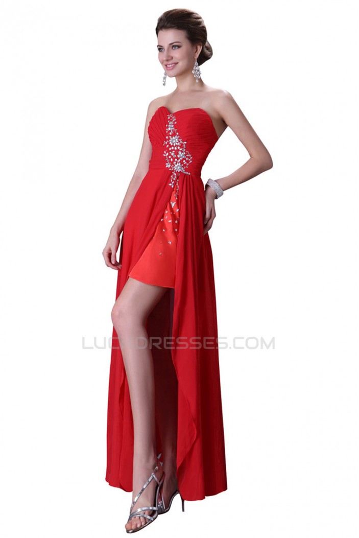 High Low Sweetheart Short Red Beaded Chiffon Prom Evening Bridesmaid Dresses ED011681