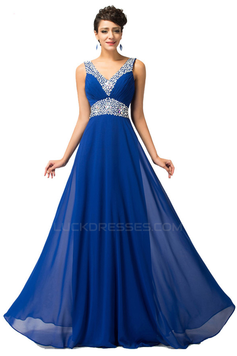 A-Line V-Neck Beaded Long Blue Chiffon Prom Evening Formal Dresses ED011682