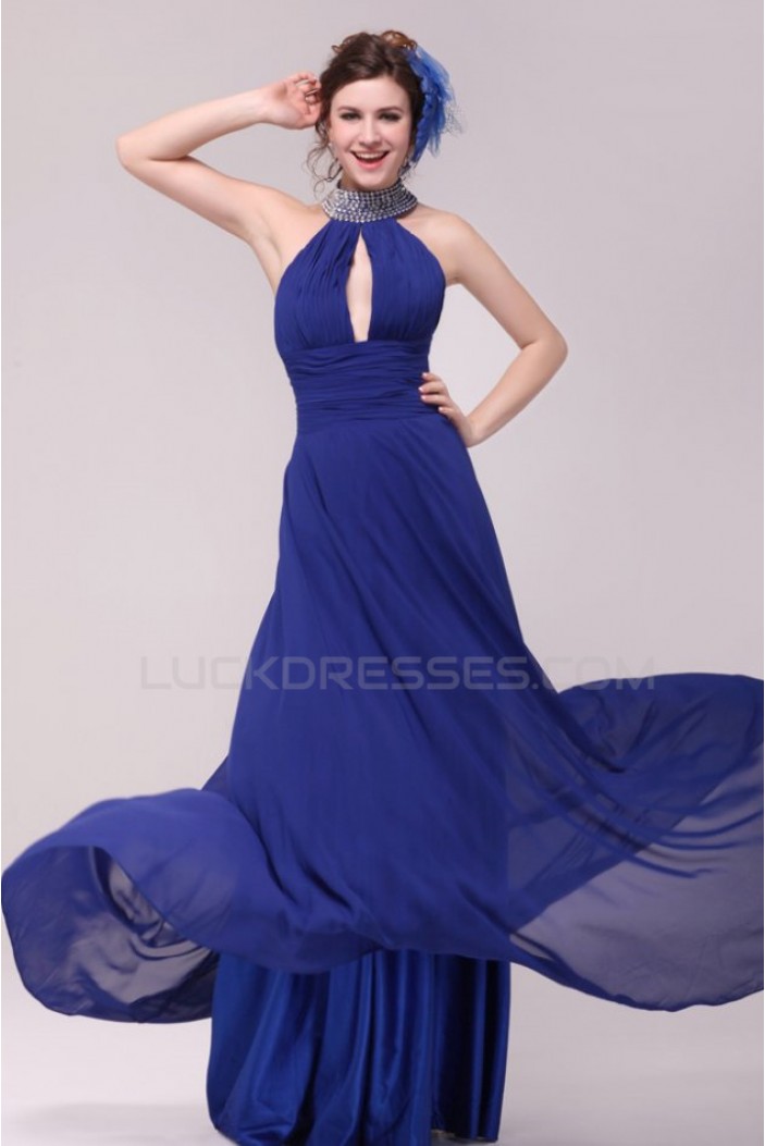 High Neck Halter Beaded Long Blue Chiffon Prom Evening Formal Party Dresses ED010187