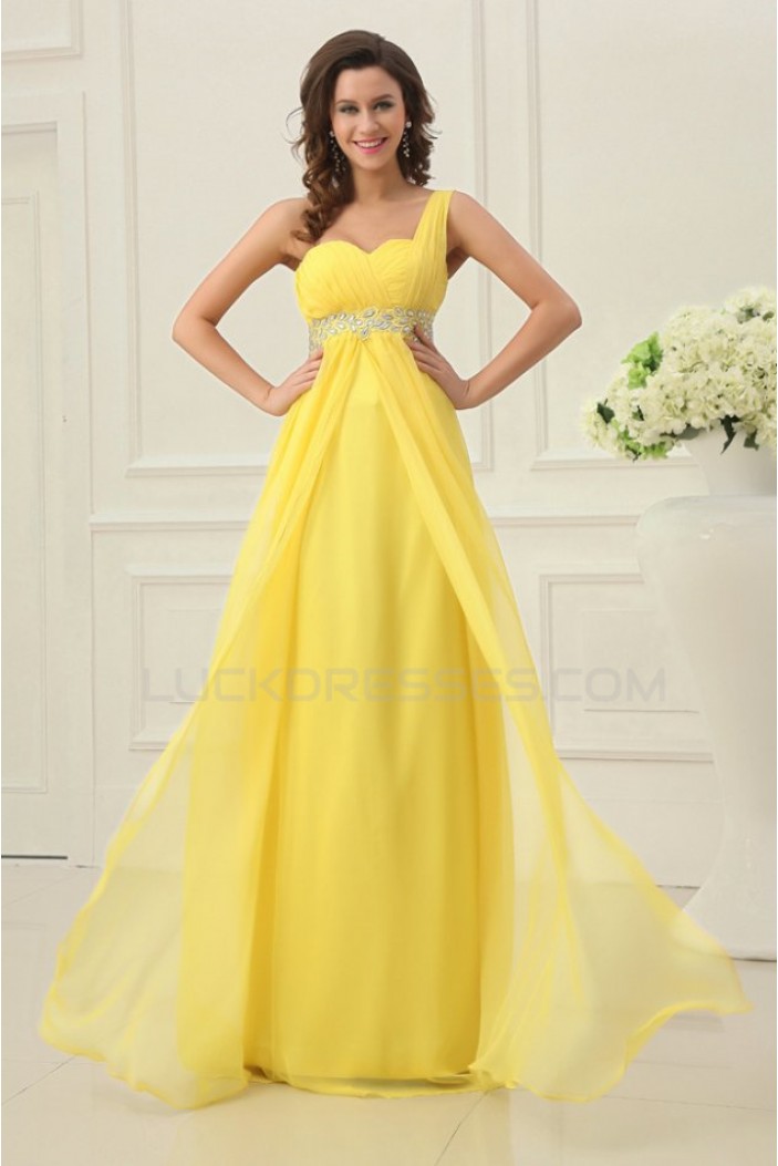 A-Line One-Shoulder Beaded Long Yellow Chiffon Prom Evening Formal Party Dresses/Maternity Evening Dresses ED010199