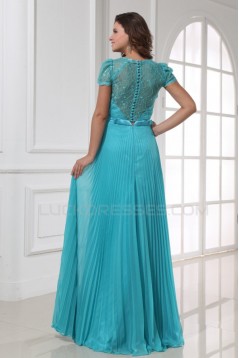 A-Line Cap Sleeve Pleated Long Blue Chiffon and Lace Prom Evening Formal Party Dresses ED010204