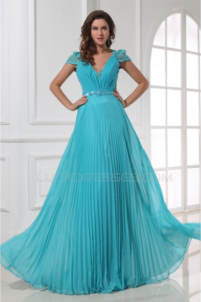 A-Line Cap Sleeve Pleated Long Blue Chiffon and Lace Prom Evening Formal Party Dresses ED010204