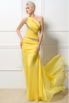 Trumpet/Mermaid One-Shoulder Beaded Long Yellow Chiffon Prom Evening Formal Party Dresses ED010259