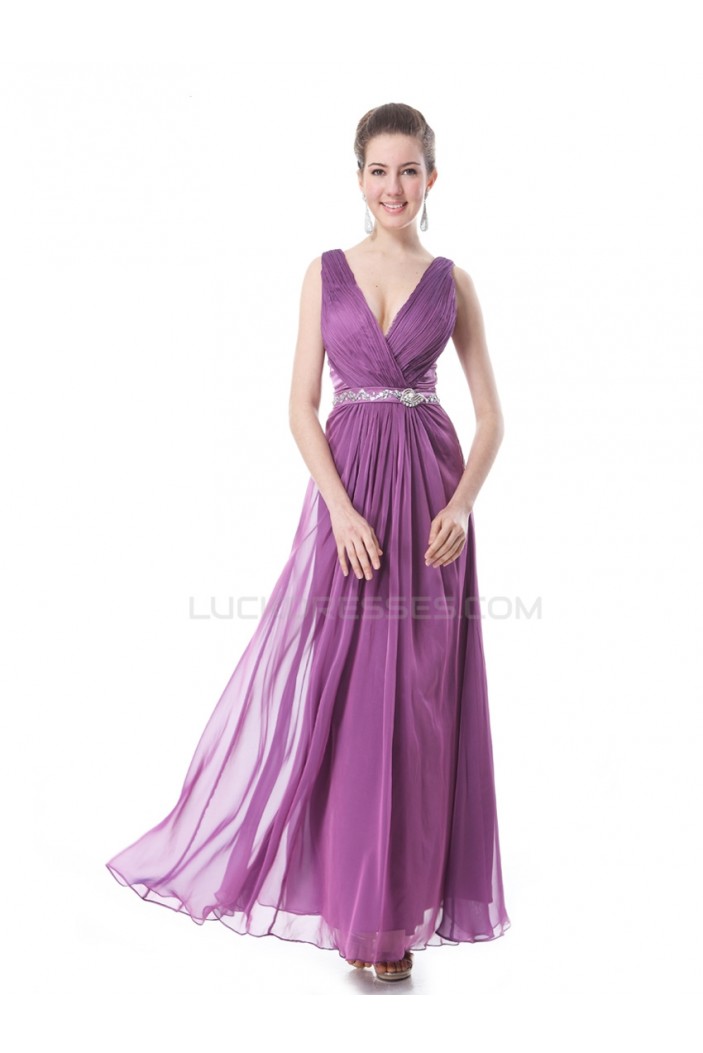 A-Line V-Neck Beaded Long Purple Prom Evening Formal Party Dresses ED010267