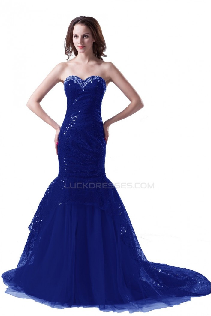 Trumpet/Mermaid Sweetheart Beaded Long Blue Prom Evening Formal Party Dresses ED010276