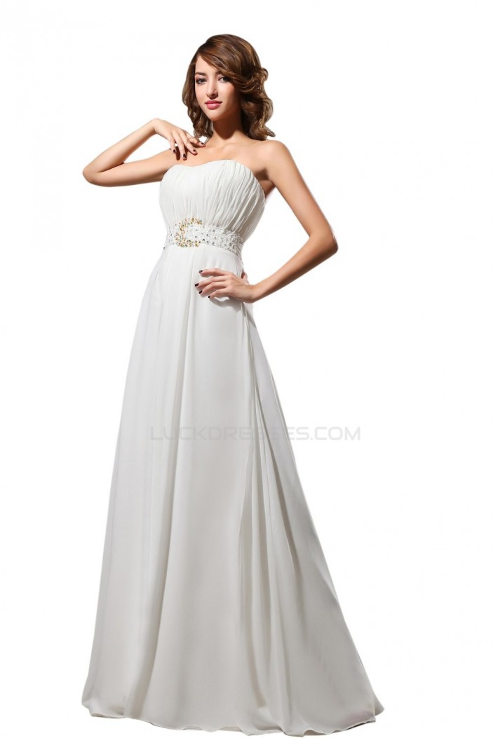 A-Line Strapless Long White Beaded Chiffon Prom Evening Formal Party Dresses ED010305