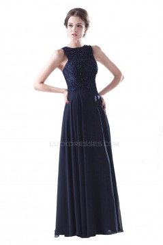 A-Line Long Navy Blue Chiffon and Lace Beaded Prom Evening Formal Party Dresses ED010401
