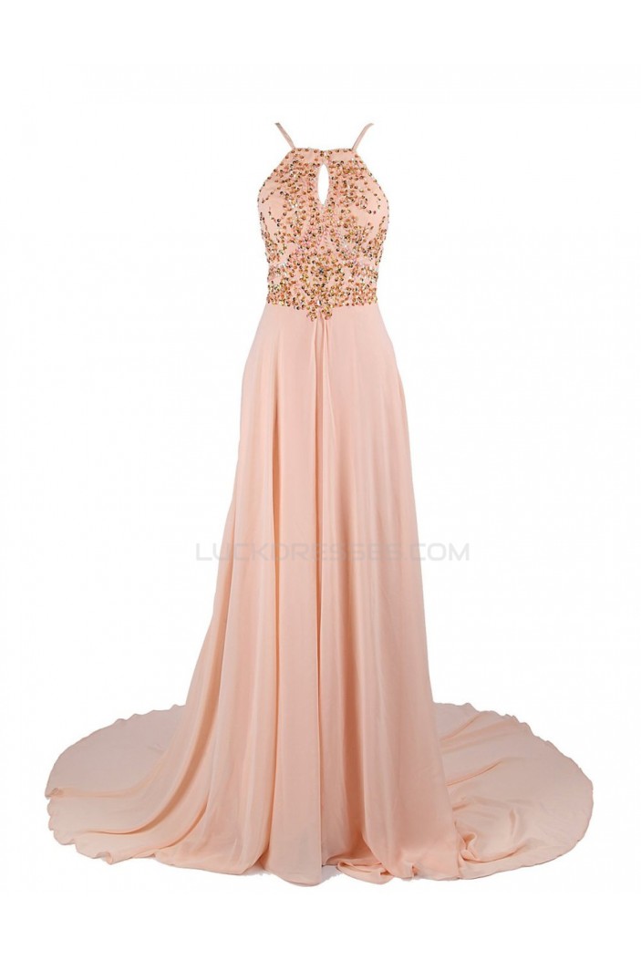 A-Line Beaded Long Pink Chiffon Prom Evening Formal Party Dresses ED010419