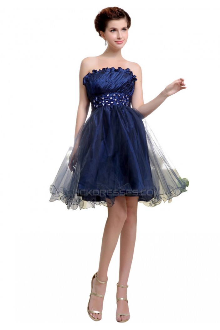 A-Line Strapless Beaded Short Blue Prom Evening Formal Party Dresses ED010459