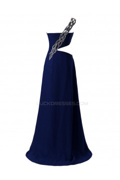 A-Line One-Shoulder Long Blue Beaded Chiffon Prom Evening Formal Party Dresses ED010462