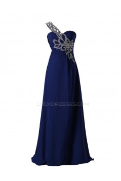 A-Line One-Shoulder Long Blue Beaded Chiffon Prom Evening Formal Party Dresses ED010462