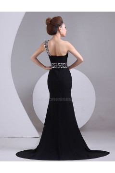 Trumpet/Mermaid One-Shoulder Beaded Long Black Chiffon Prom Evening Formal Party Dresses ED010469
