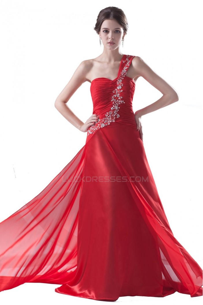 A-Line One-Shoulder Long Red Beaded Chiffon Prom Evening Formal Party Dresses ED010485