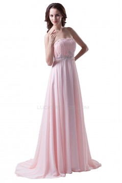 A-Line Strapless Beaded Long Pink Chiffon Prom Evening Formal Party Dresses ED010486