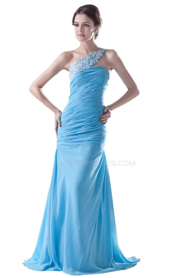 A-Line One-Shoulder Long Blue Pleated Chiffon Prom Evening Formal Party Dresses ED010497
