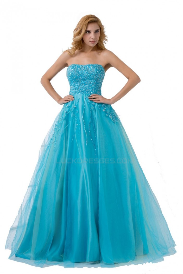 A-Line Strapless Beaded Long Blue Prom Evening Formal Party Dresses ED010504