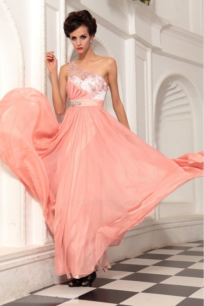 A-Line One-Shoulder Long Beaded Chiffon Prom Evening Formal Party Dresses ED010520