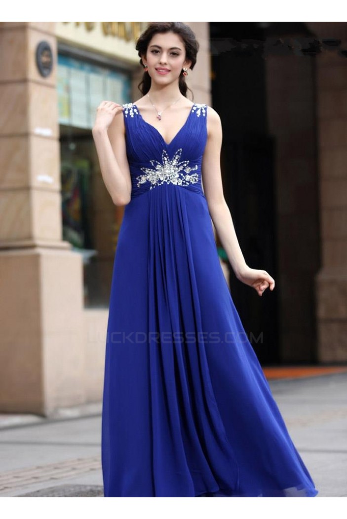 A-Line Beaded Long Blue Chiffon Prom Evening Formal Party Dresses ED010536