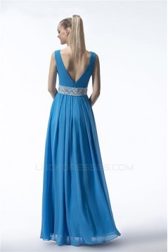 A-Line Beaded Long Blue Chiffon Prom Evening Formal Party Dresses ED010539