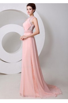 A-Line Beaded Long Pink Chiffon and Lace Prom Evening Formal Party Dresses ED010540