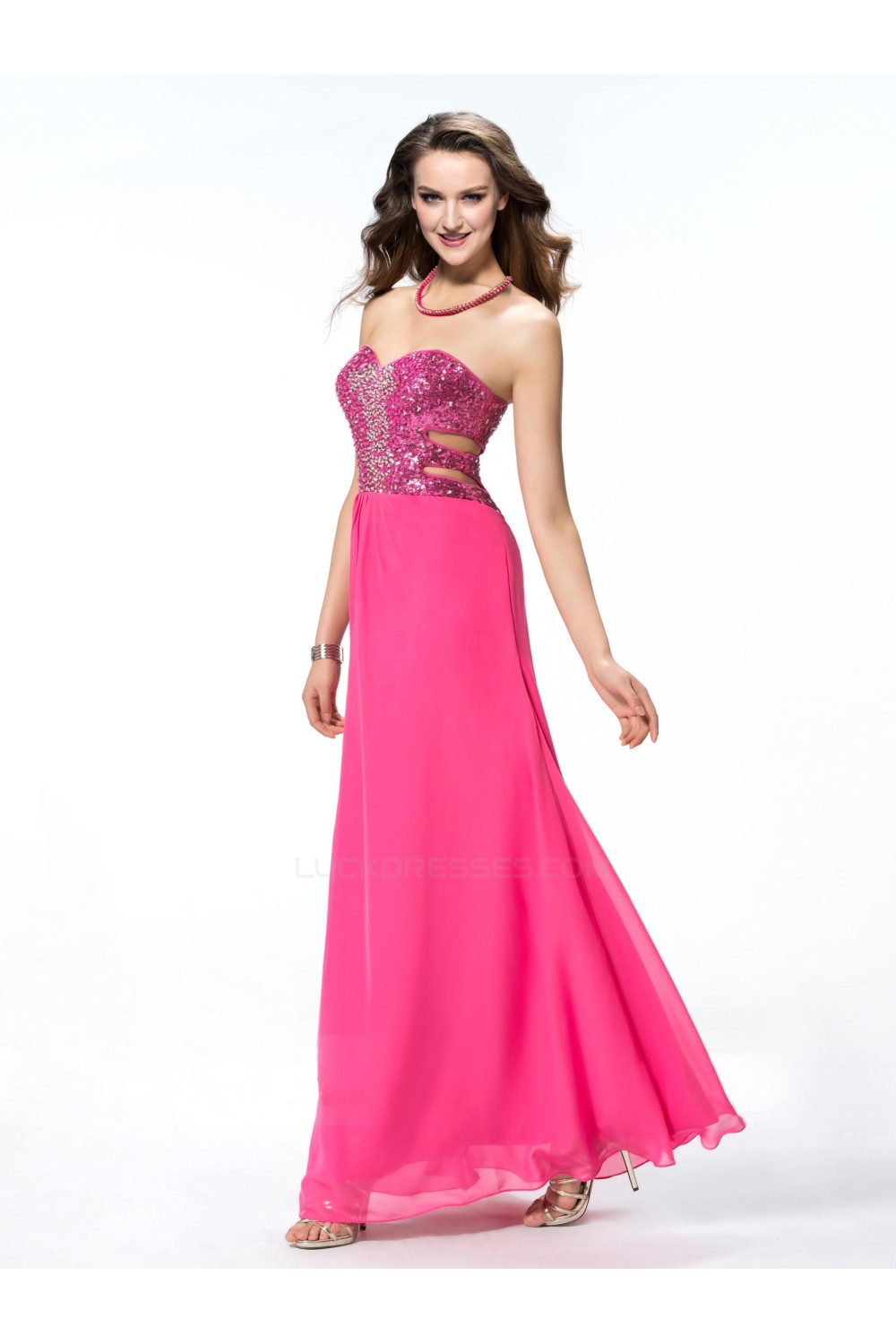 Long Pink Beaded Sequin Chiffon Prom Evening Formal Party Dresses ED010549