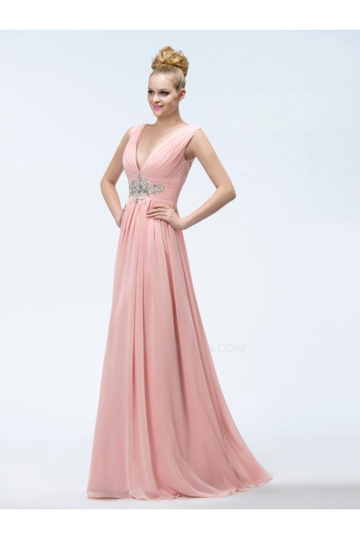 A-Line V-Neck Beaded Long Pink Chiffon Prom Evening Formal Party Dresses ED010550