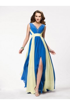 A-Line V-Neck Beaded Long Chiffon Prom Evening Formal Party Dresses ED010558