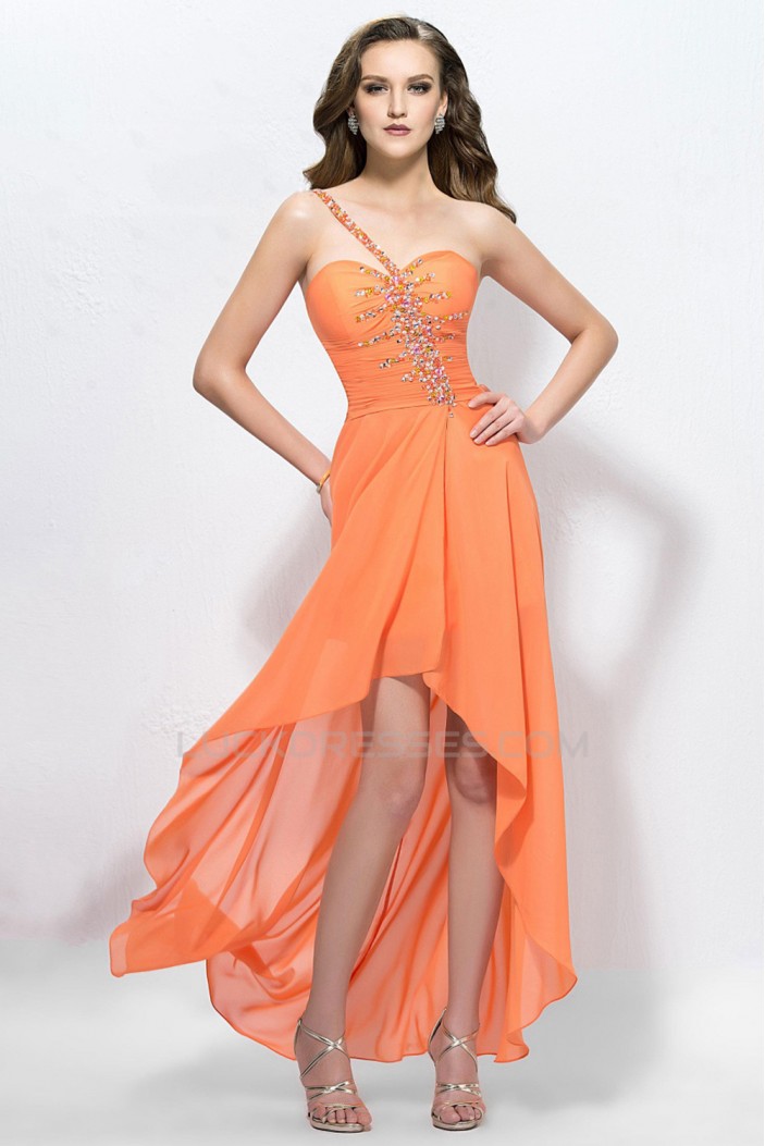 High Low One-Shoulder Short Beaded Chiffon Prom Evening Formal Party Dresses ED010585