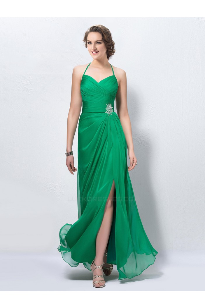 Halter Long Green Chiffon Beaded Prom Evening Formal Party Dresses ED010587