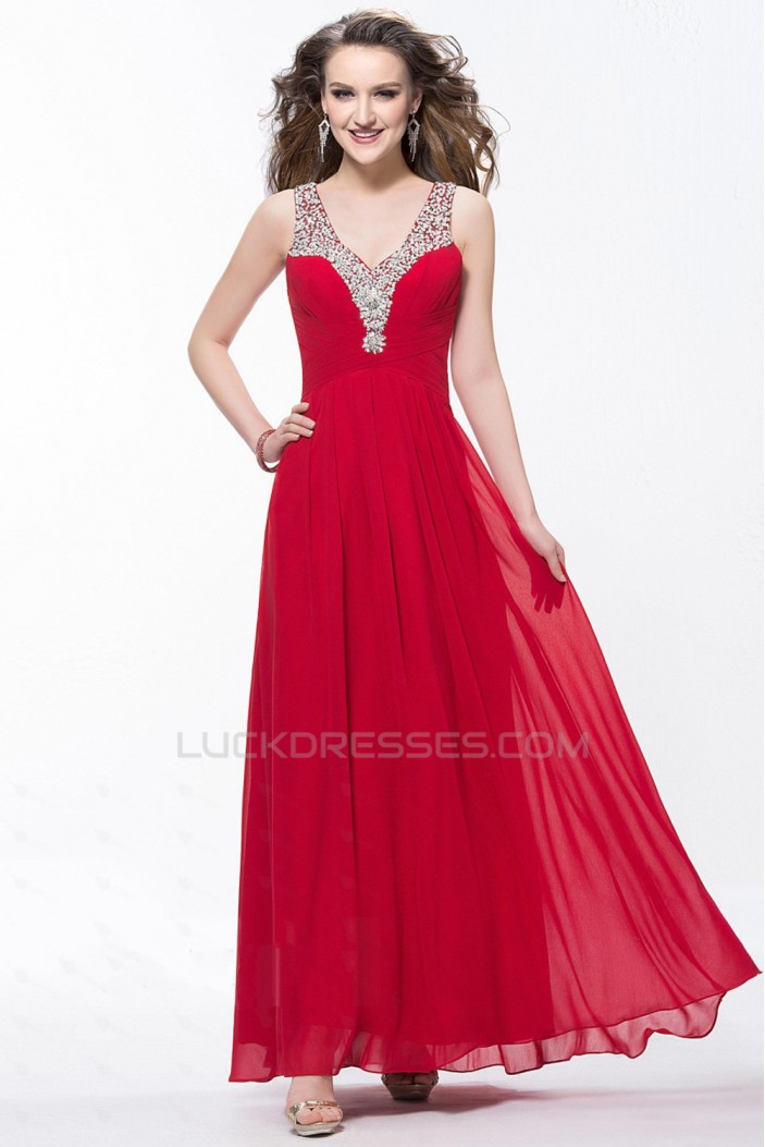 A-Line V-Neck Beaded Long Chiffon Prom Evening Formal Party Dresses ED010602