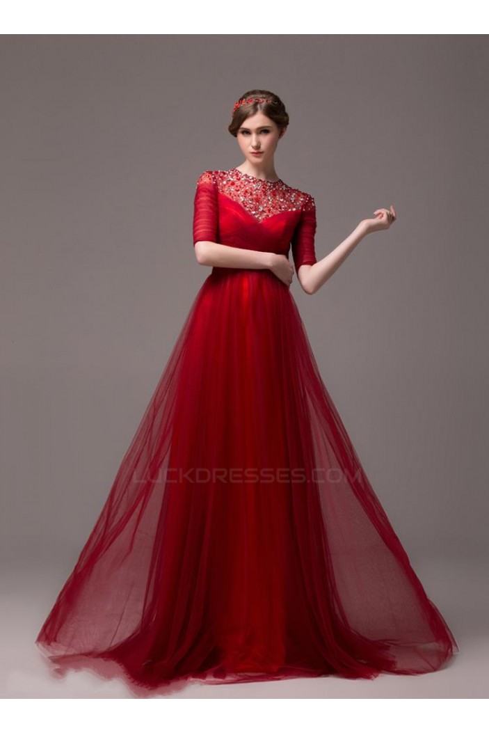 A-Line Half Sleeve Jewel Beaded Tulle Long Prom Evening Formal Party Dresses ED010618