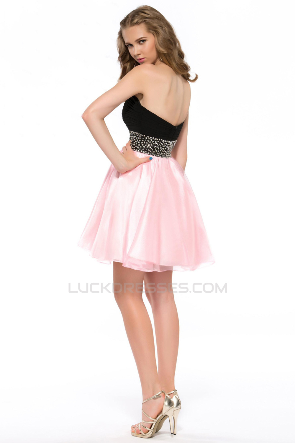 A-Line Sweetheart Beaded Black Pink Short Chiffon Prom Evening Cocktail ...