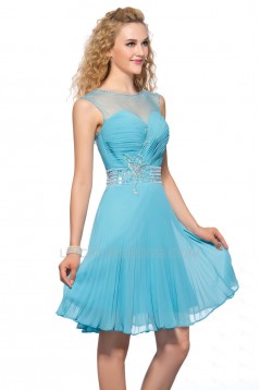 A-Line Short Blue Beaded Chiffon Prom Evening Cocktail Homecoming Party Dresses ED010633