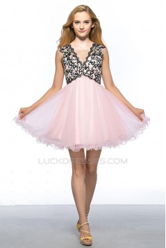 A-Line V-Neck Short Pink Applique Beaded Prom Evening Cocktail Homecoming Party Dresses ED010642