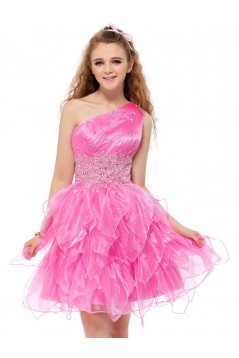 One-Shoulder Beaded Short Pink Prom Evening Formal Party Dresses ED010645