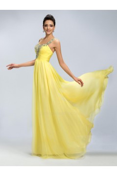 A-Line Straps Sleeveless Beaded Long Yellow Chiffon Prom Evening Formal Party Dresses ED010671