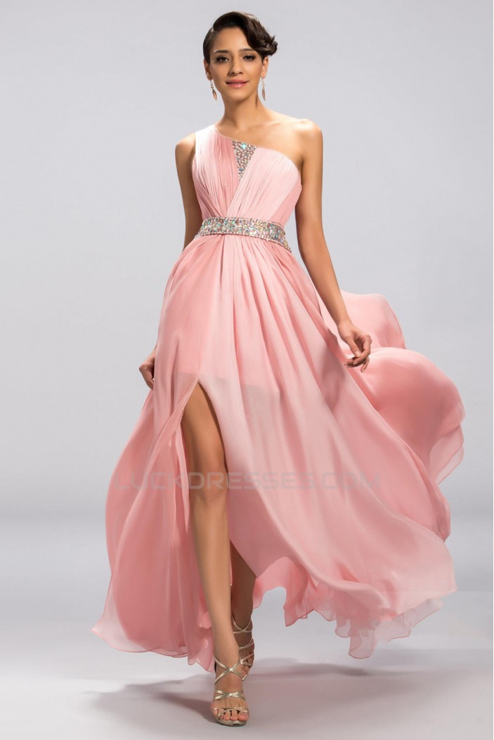 A-Line One-Shoulder Beaded Long Pink Split-Front Prom Evening Formal Party Dresses ED010676