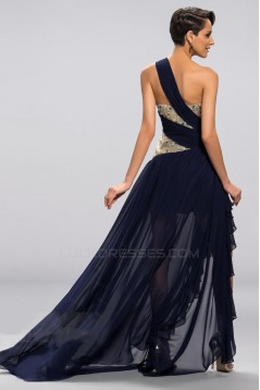 High Low One-Shoulder Beaded Sequin Short Navy Chiffon Prom Evening Formal Party Dresses ED010677